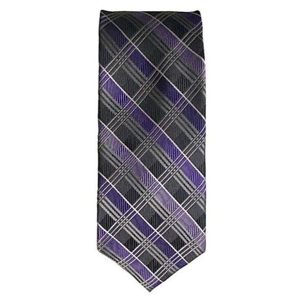 Pronto Uomo Mens Silk Tie 58 inches Tartan Plaid Purple Black White Boardroom - Picture 1 of 5